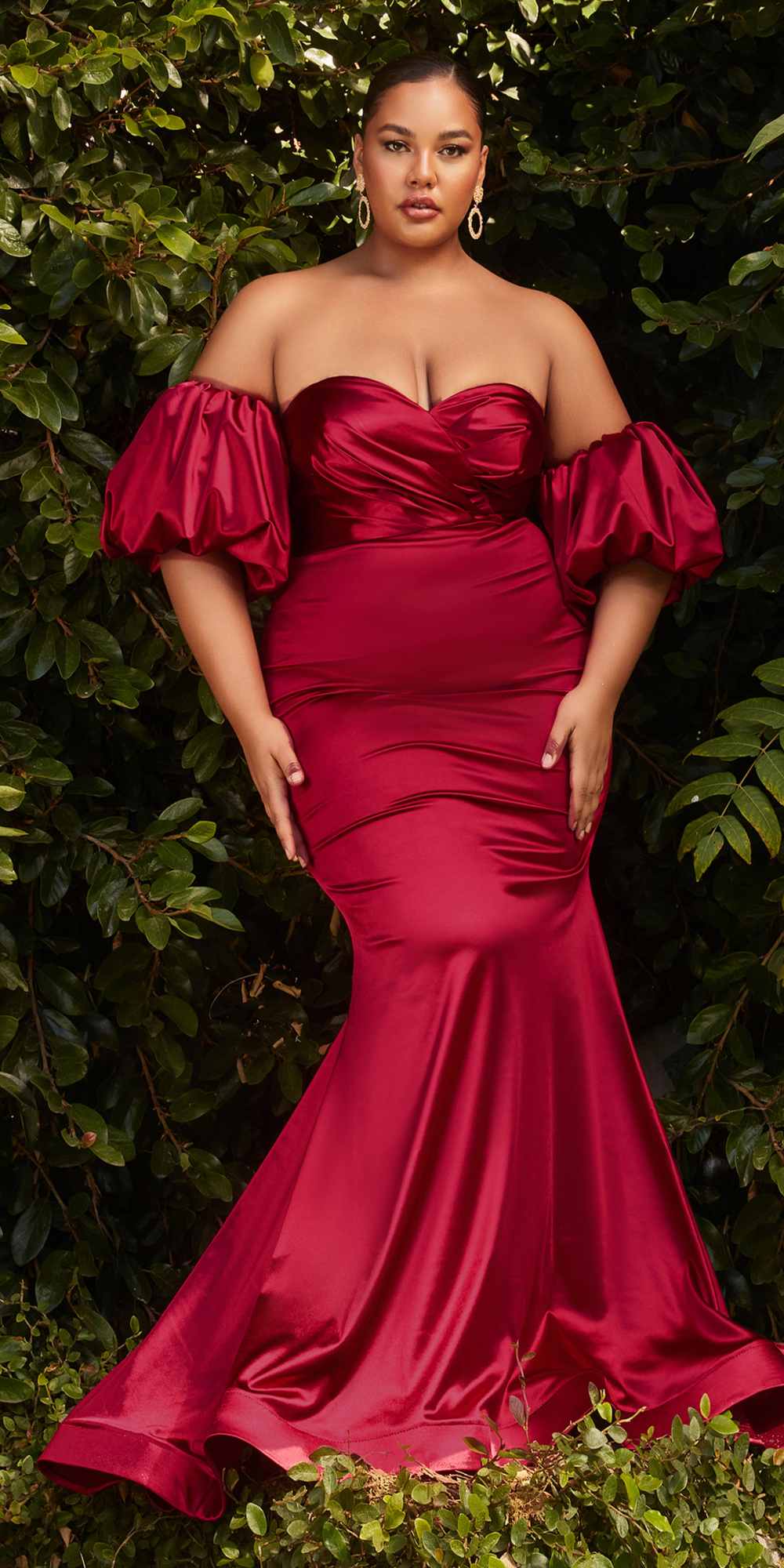 Burgundy satin fitted off-shoulder gown with ruched bodice and puff sleeves