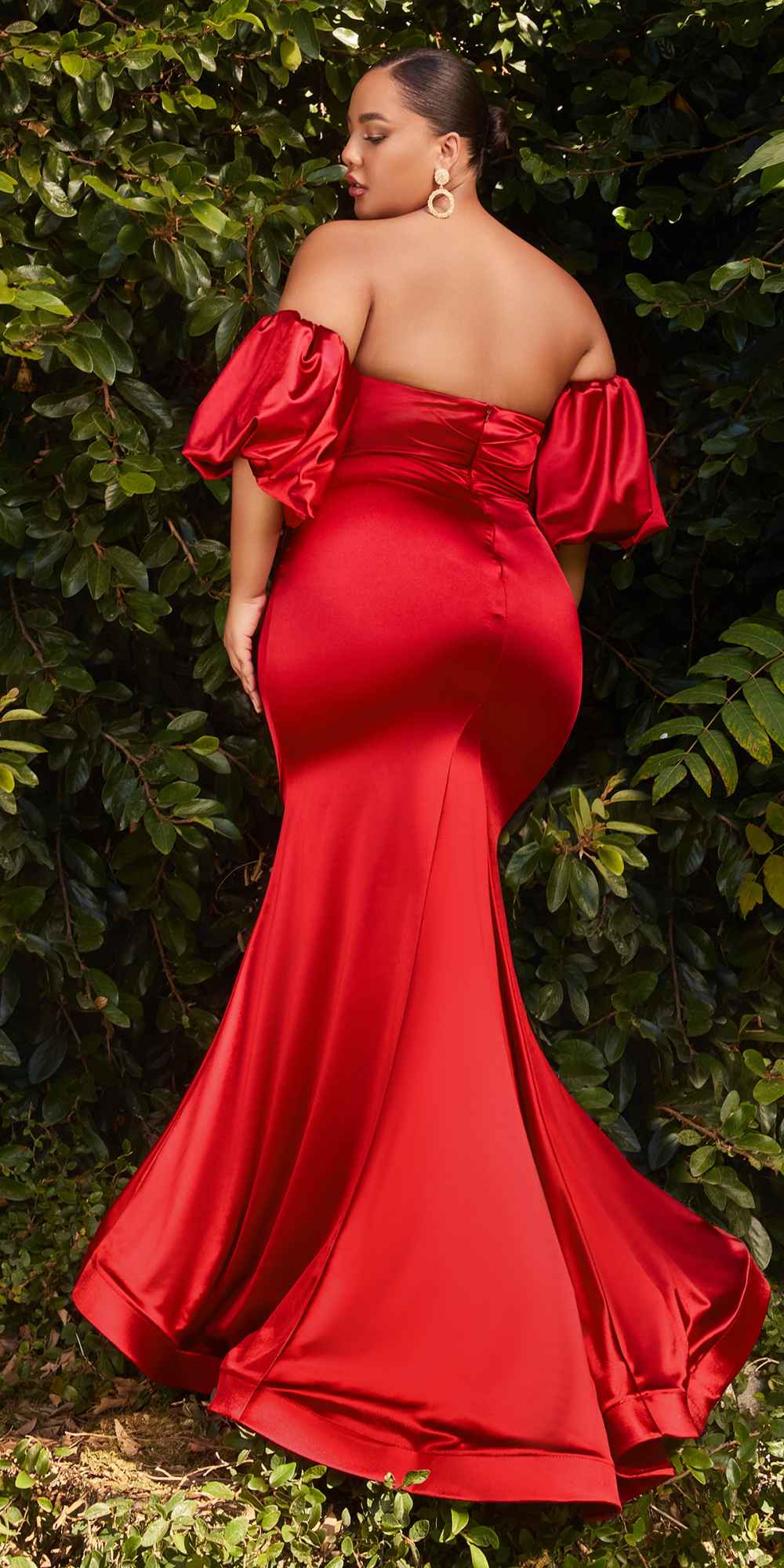 Burgundy satin long fitted gown with puff sleeves and sweetheart neckline