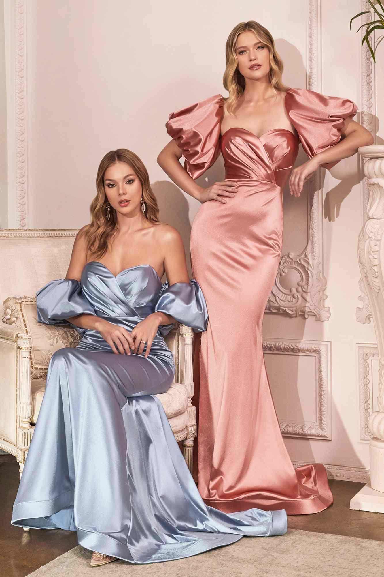 Dusty rose satin fitted gown with puff sleeves, draped bodice, and long skirt