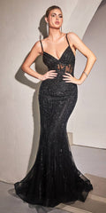 Black embellished mermaid gown with V-neck lace bodice and fitted flared hem