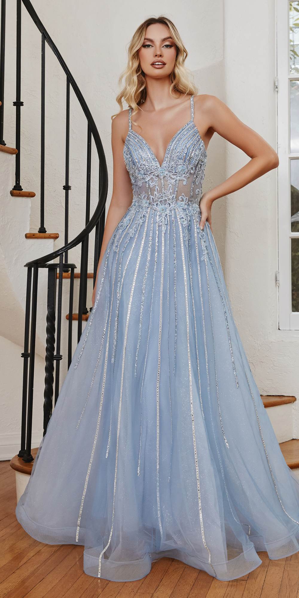 Light blue long A-line tulle gown with beaded V-neck bodice and thin straps