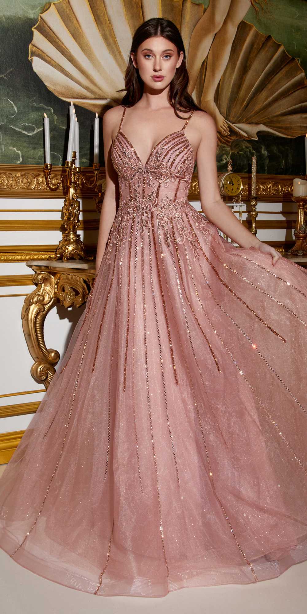 Rose pink long A-line tulle gown with beaded V-neck bodice and lace detailing