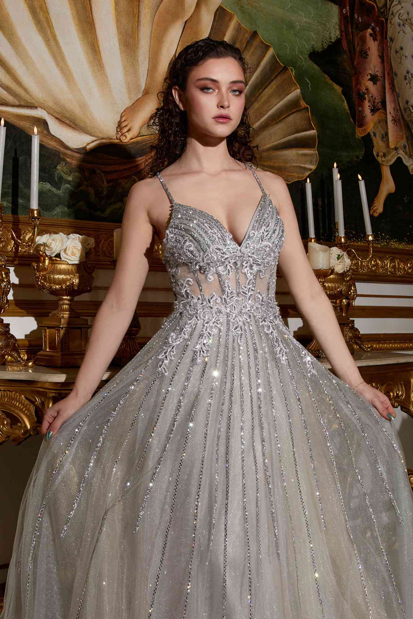 Silver-gray long A-line tulle gown with beaded V-neck bodice and sparkling skirt