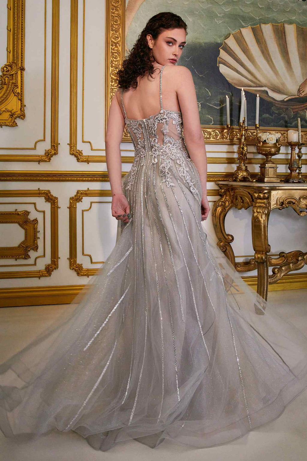 Silver-gray long A-line tulle gown with beaded V-neck bodice and thin straps