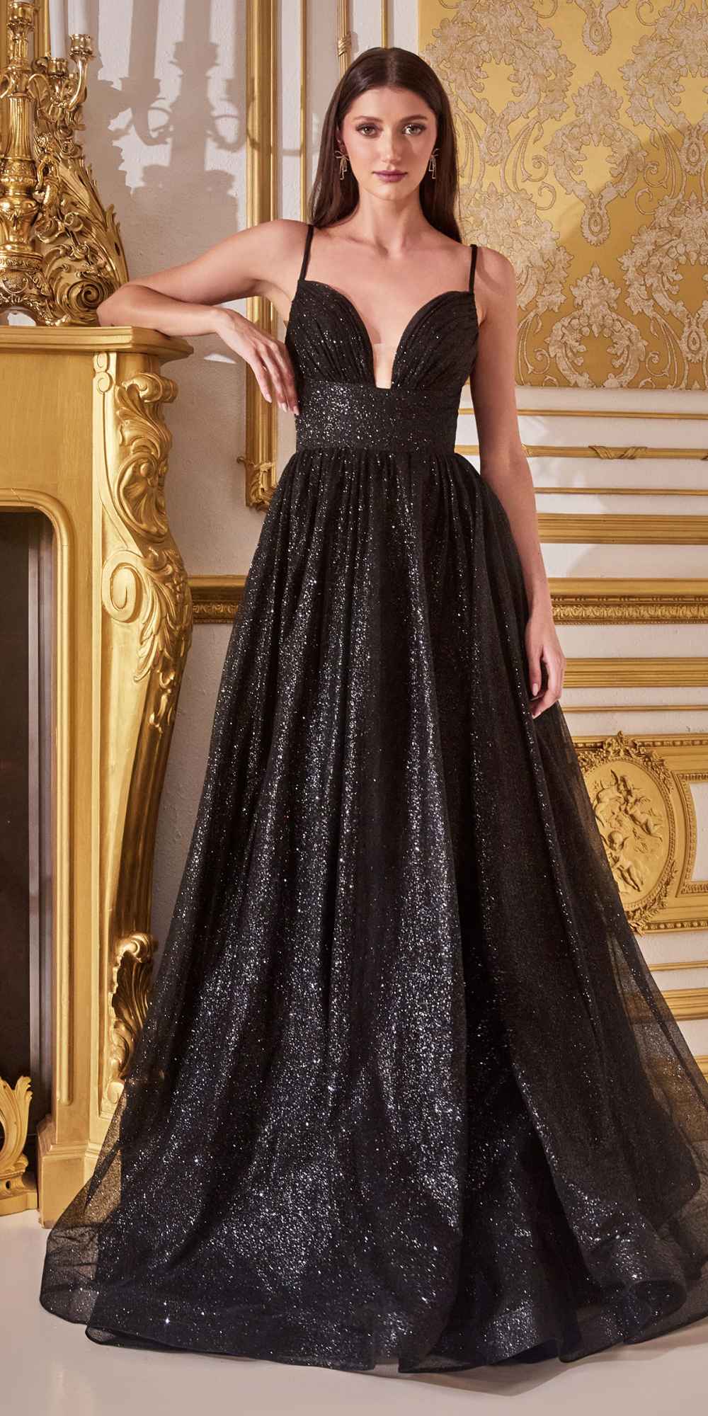 Black glitter ball gown with spaghetti straps, sweetheart neckline, and full A-line skirt