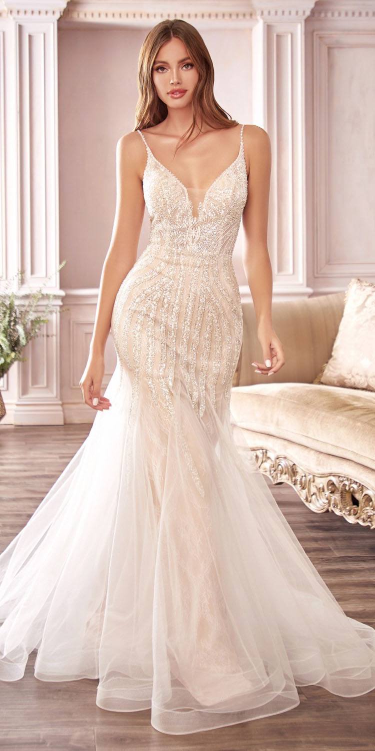 Off-white beaded mermaid wedding dress, V-neck, spaghetti straps, fitted hourglass bodice