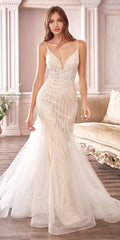 Off-white beaded mermaid wedding dress, V-neck, spaghetti straps, fitted hourglass bodice