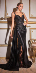 Black satin fitted floor-length gown with beaded neckline and side sash