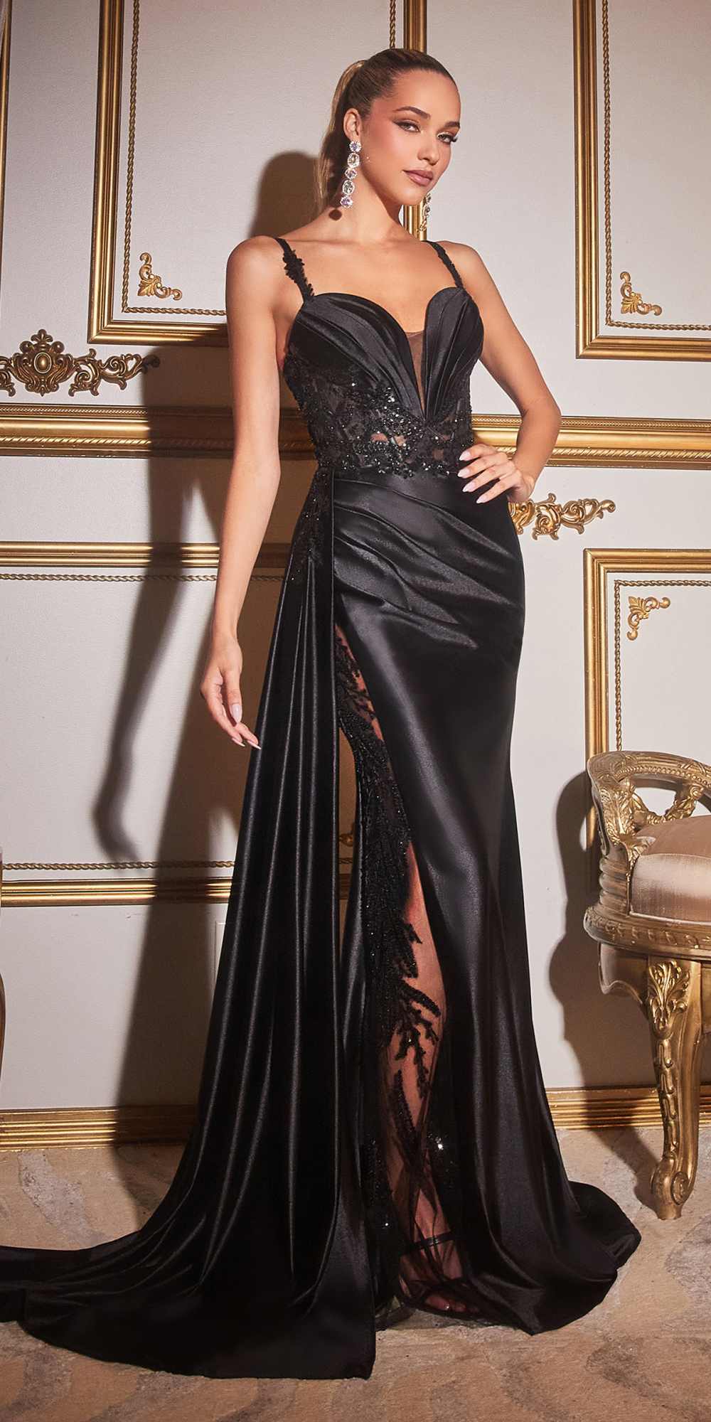 Black satin fitted floor-length gown with beaded neckline and side sash