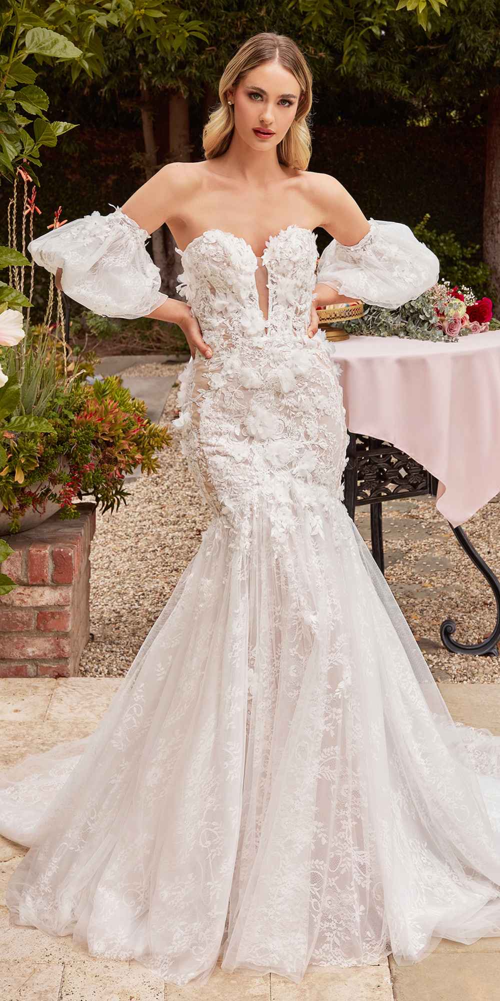 Off-white lace mermaid dress with strapless sweetheart neckline and removable puff sleeves