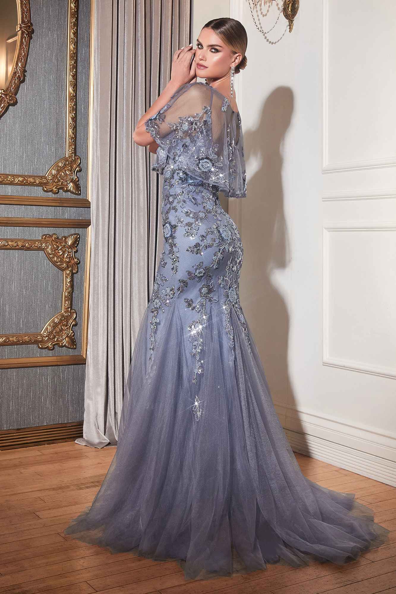 Light blue beaded mermaid gown with sheer capelet sleeves and sparkling embroidery