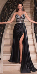 Black satin floor-length gown with embellished corset bodice and front slit