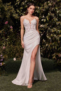 Ladivine evening dress in off-white with strapless lace bodice and long drape, side slit