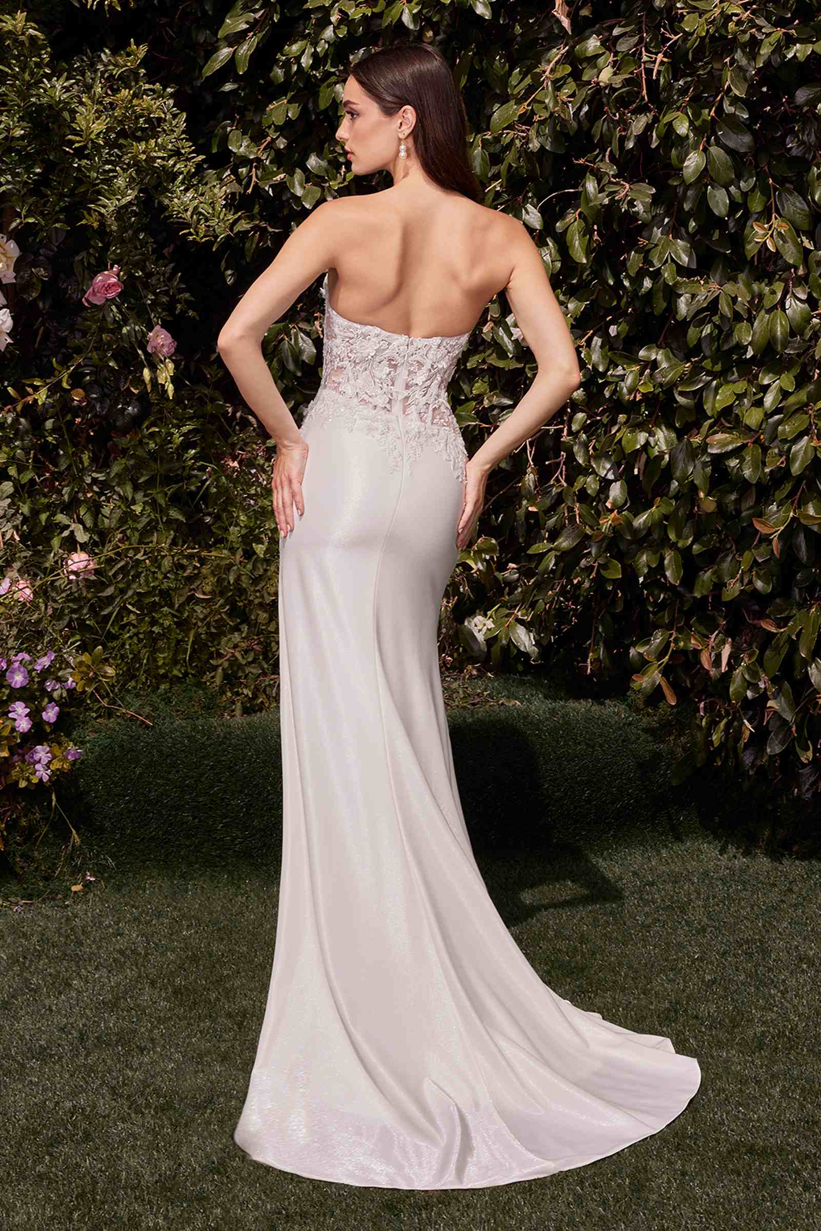 Ladivine evening dress in off-white with strapless lace bodice, open back, long fitted skirt