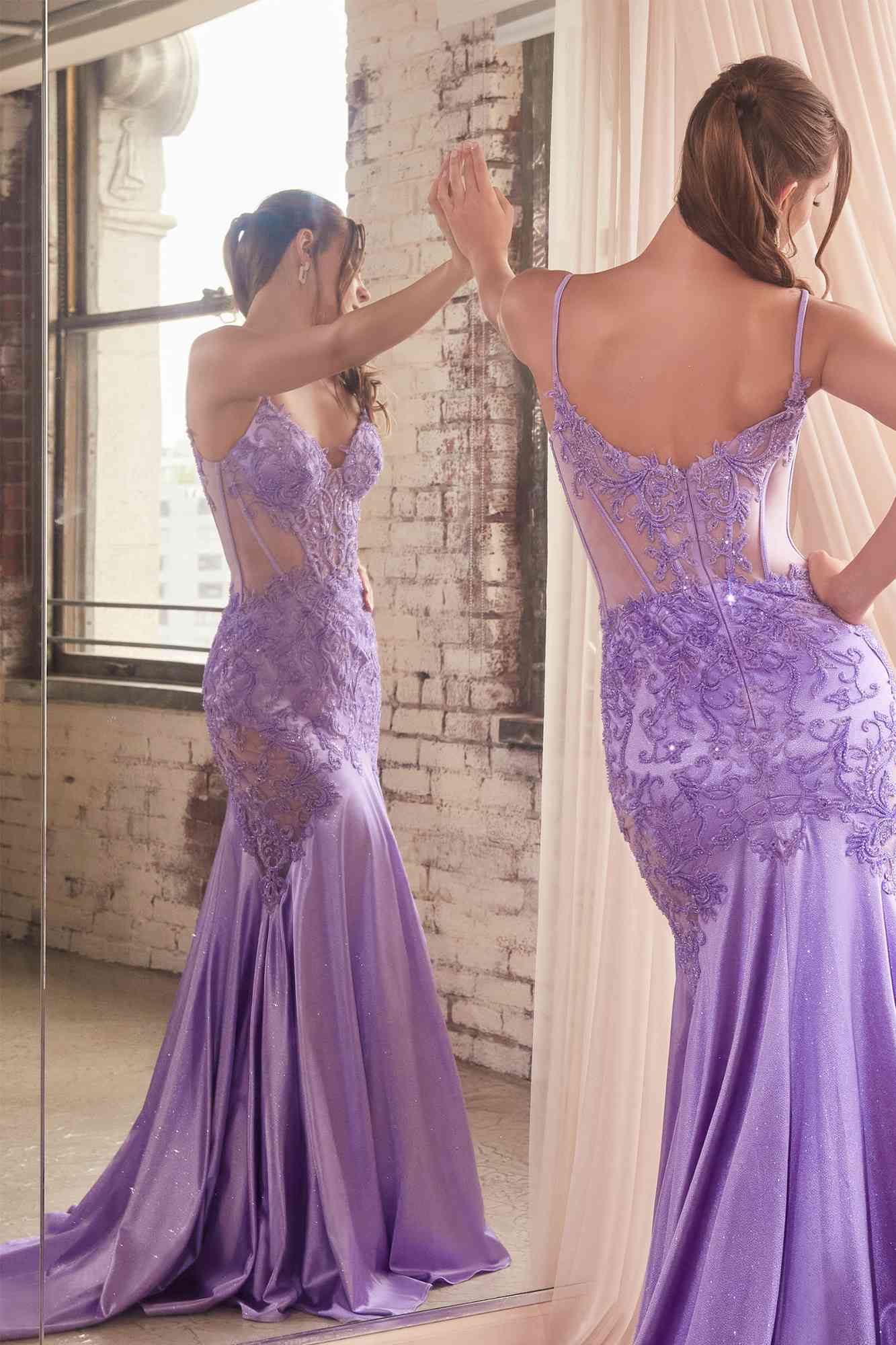 Lavender mermaid gown back view with glitter lace overlay, spaghetti straps, fitted waist