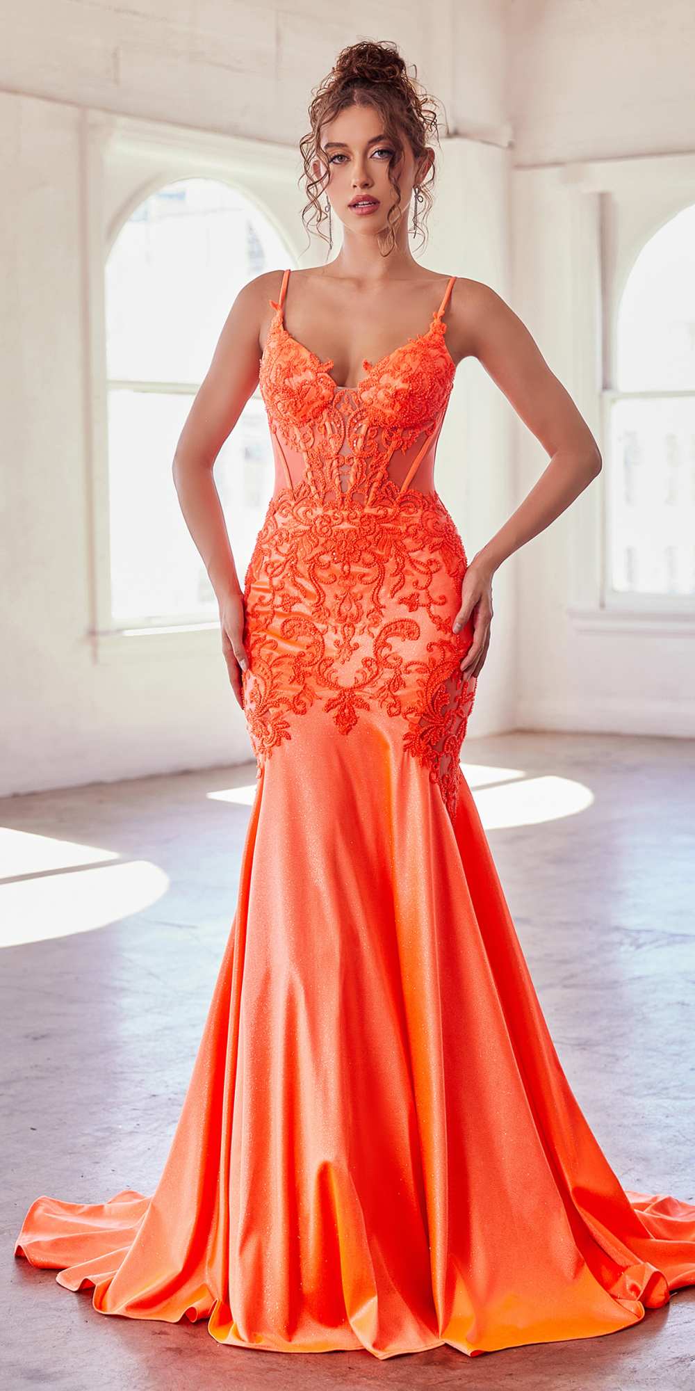 Orange mermaid gown with glitter lace overlay, V-neck bodice, spaghetti straps, long flare