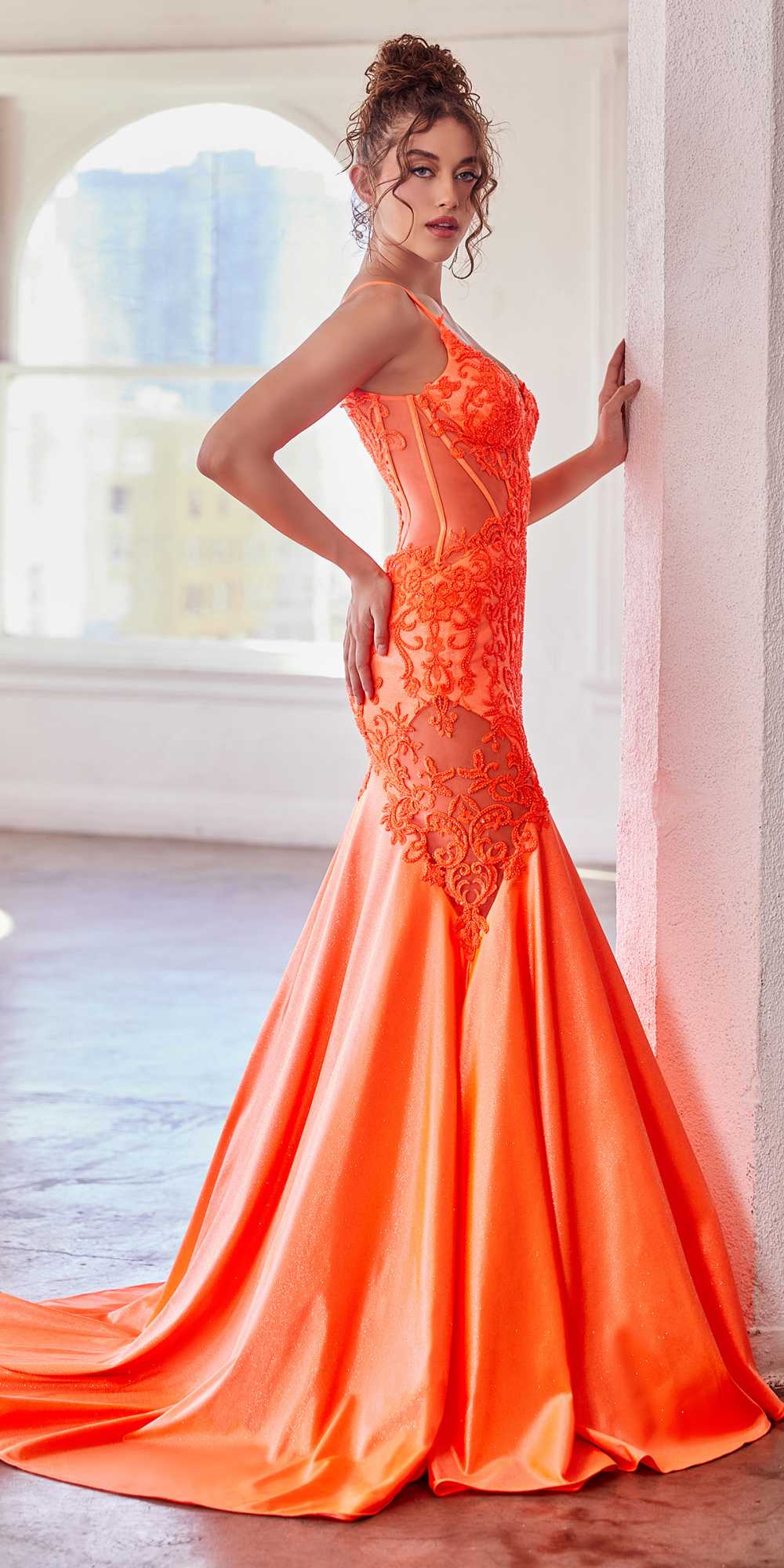 Orange mermaid gown with glitter lace bodice and thin straps, fitted fit with flared hem