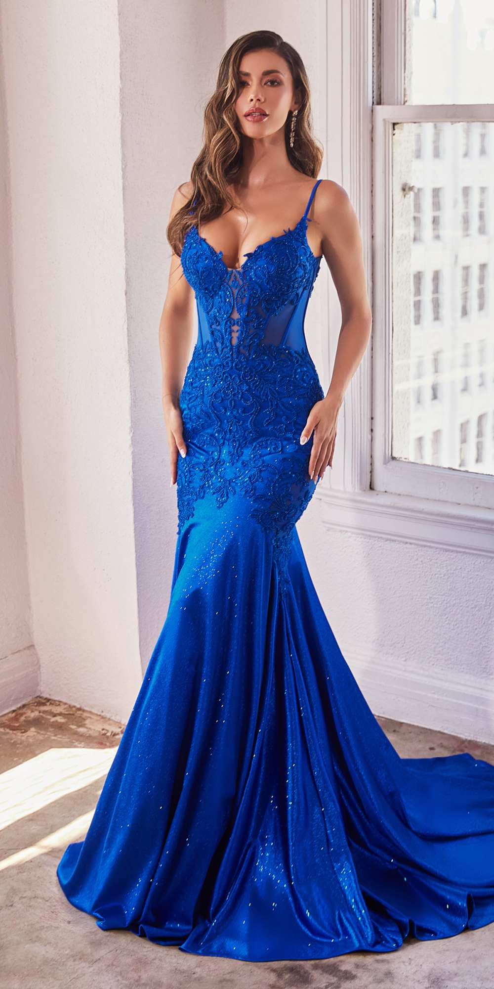 Royal blue mermaid gown with glitter lace overlay, V-neck bodice, spaghetti straps, long train
