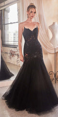 Black strapless lace mermaid gown with fitted silhouette and layered tulle skirt