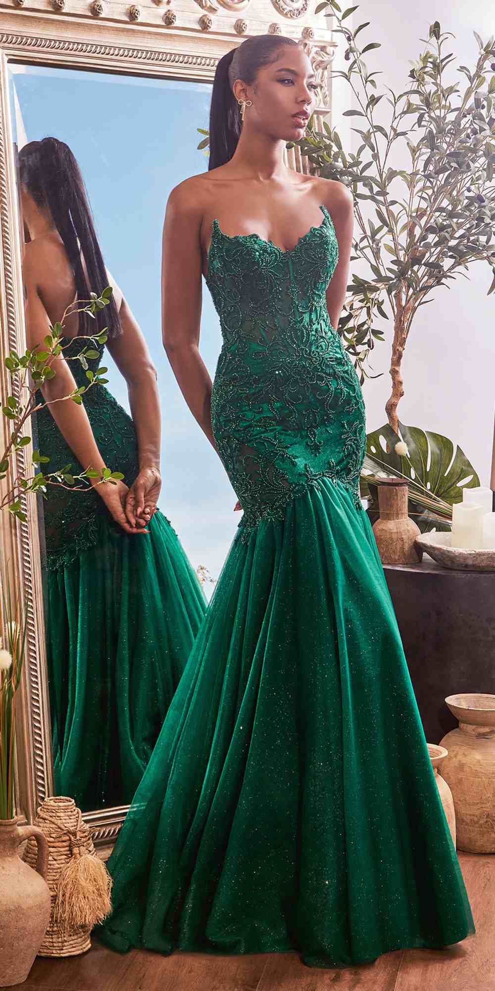 Emerald green strapless fitted lace mermaid gown with flared tulle skirt