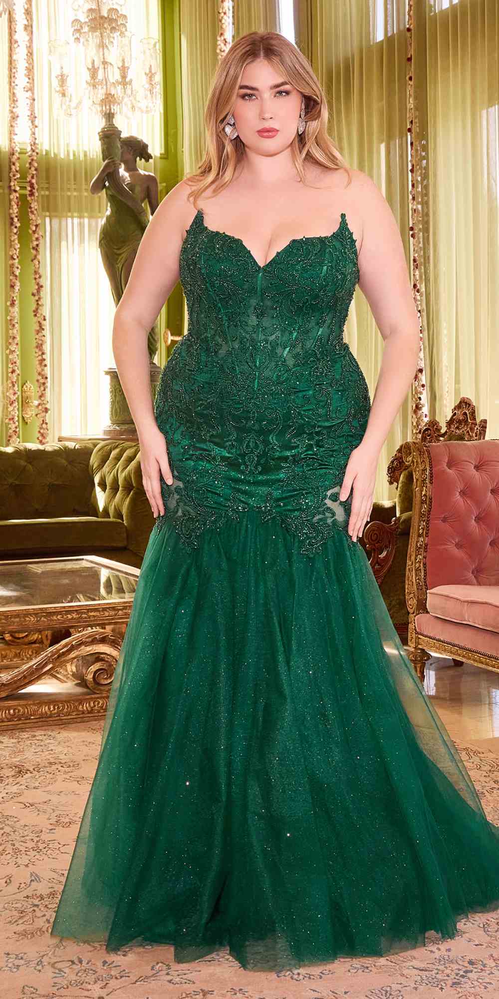 Emerald green strapless lace mermaid gown with layered tulle skirt