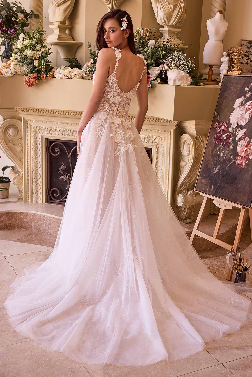 Sleeveless A-line tulle wedding dress with lace appliqué skirt overlay, off-white