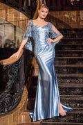 Blue satin fitted dress with lace caplet, short sleeves, side slit