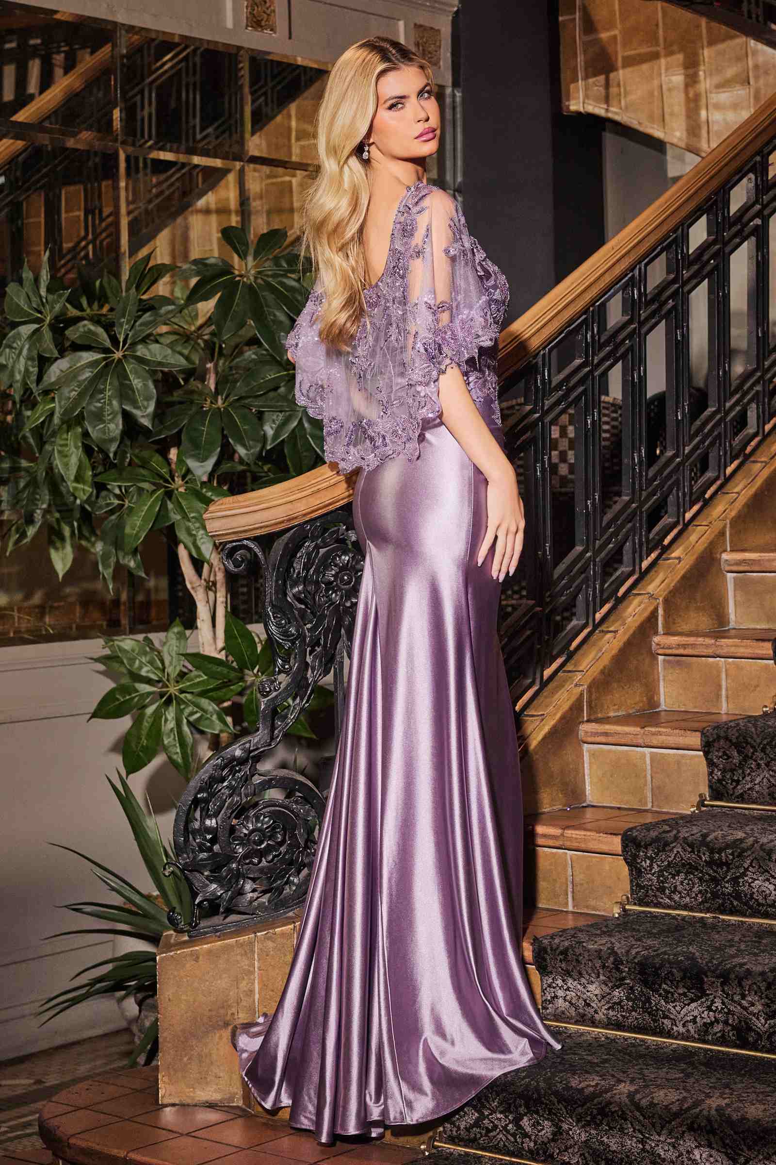 Lavender satin fitted dress with lace caplet and long train-style hem, side slit