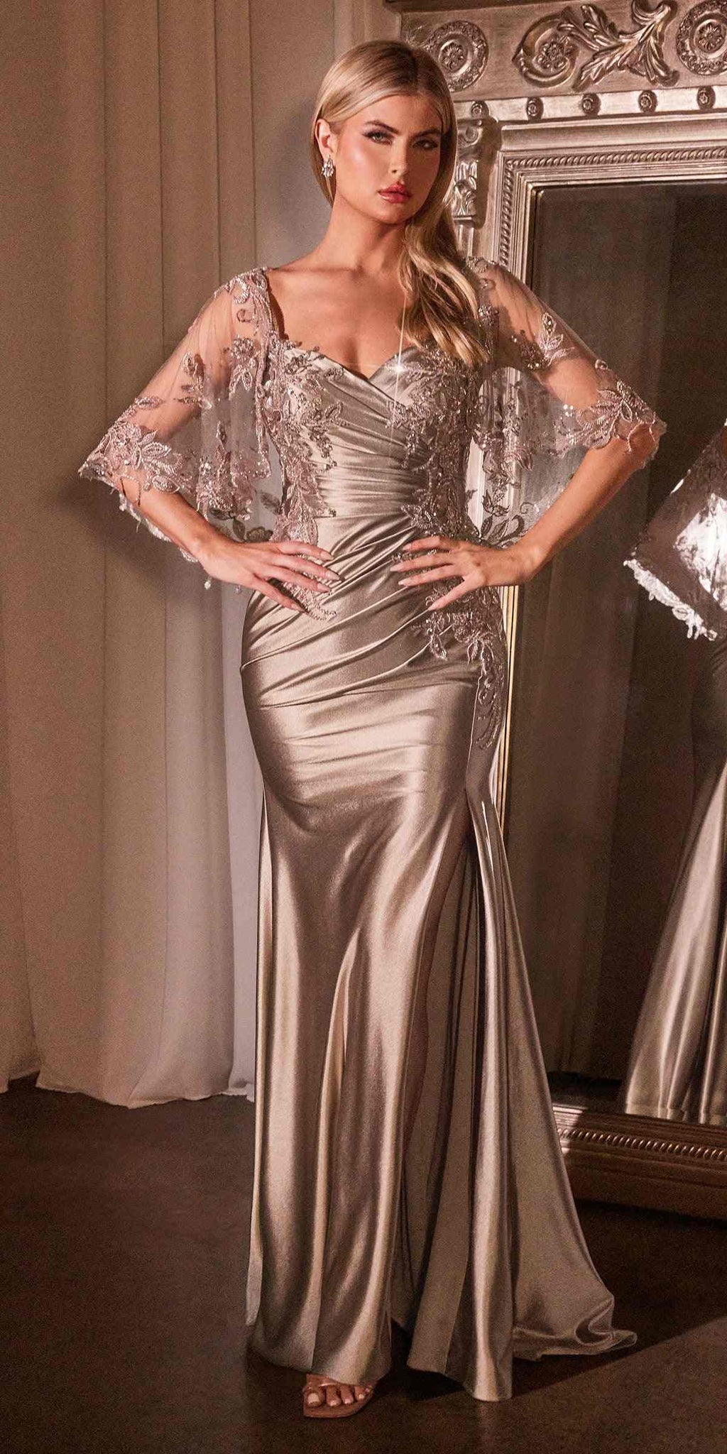Silver fitted satin dress with lace caplet sleeves and ruched waist
