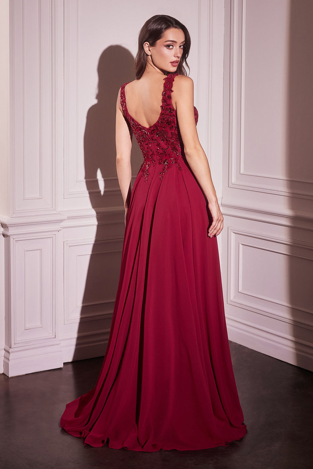 Burgundy A-line evening dress with deep V beaded lace bodice and chiffon skirt