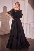 Black A-line evening dress with beaded lace bodice and short flutter lace sleeves