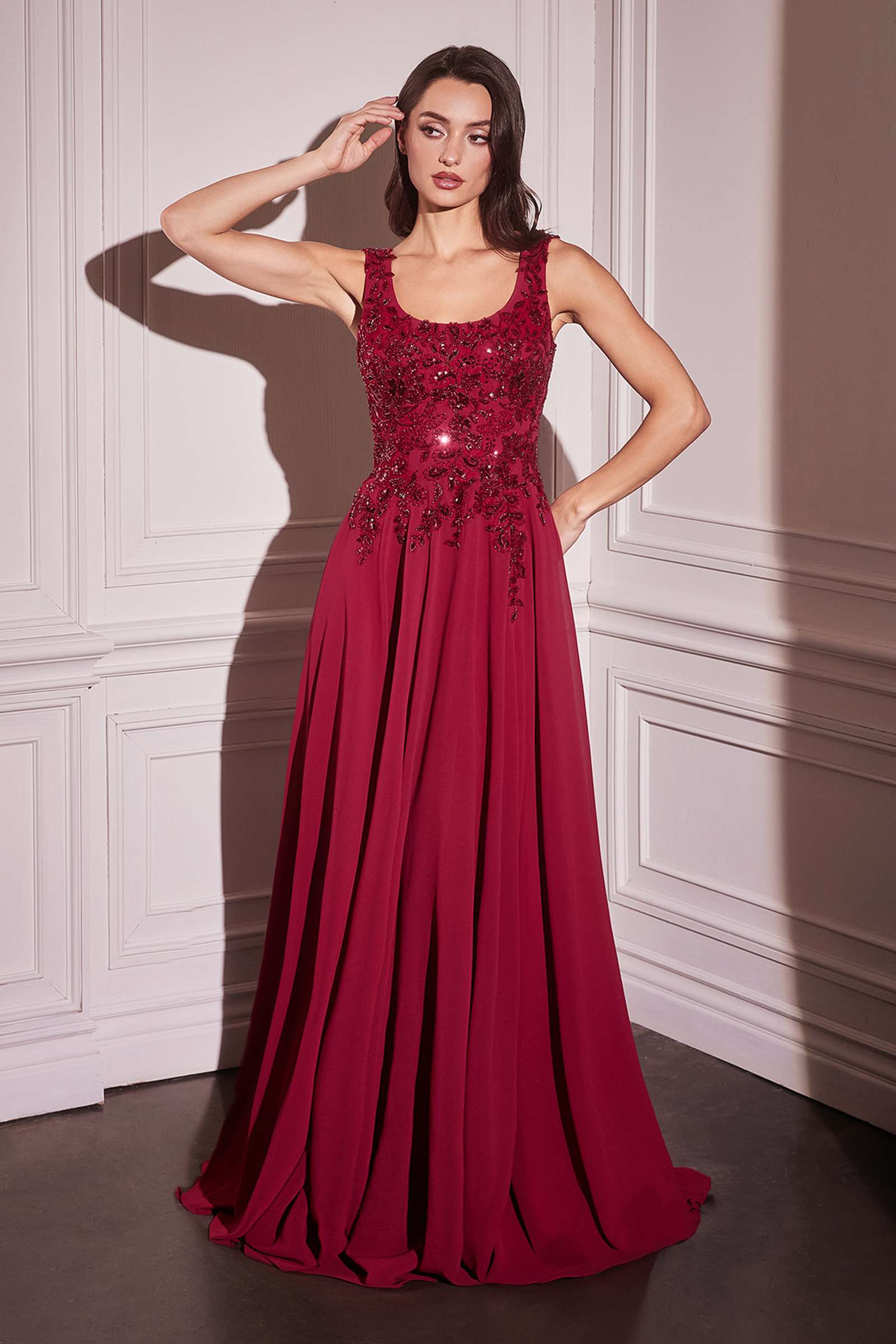 Burgundy A-line evening dress with beaded lace bodice and draped chiffon skirt