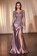 Dusty lavender long-sleeve lace satin fitted gown with side slit
