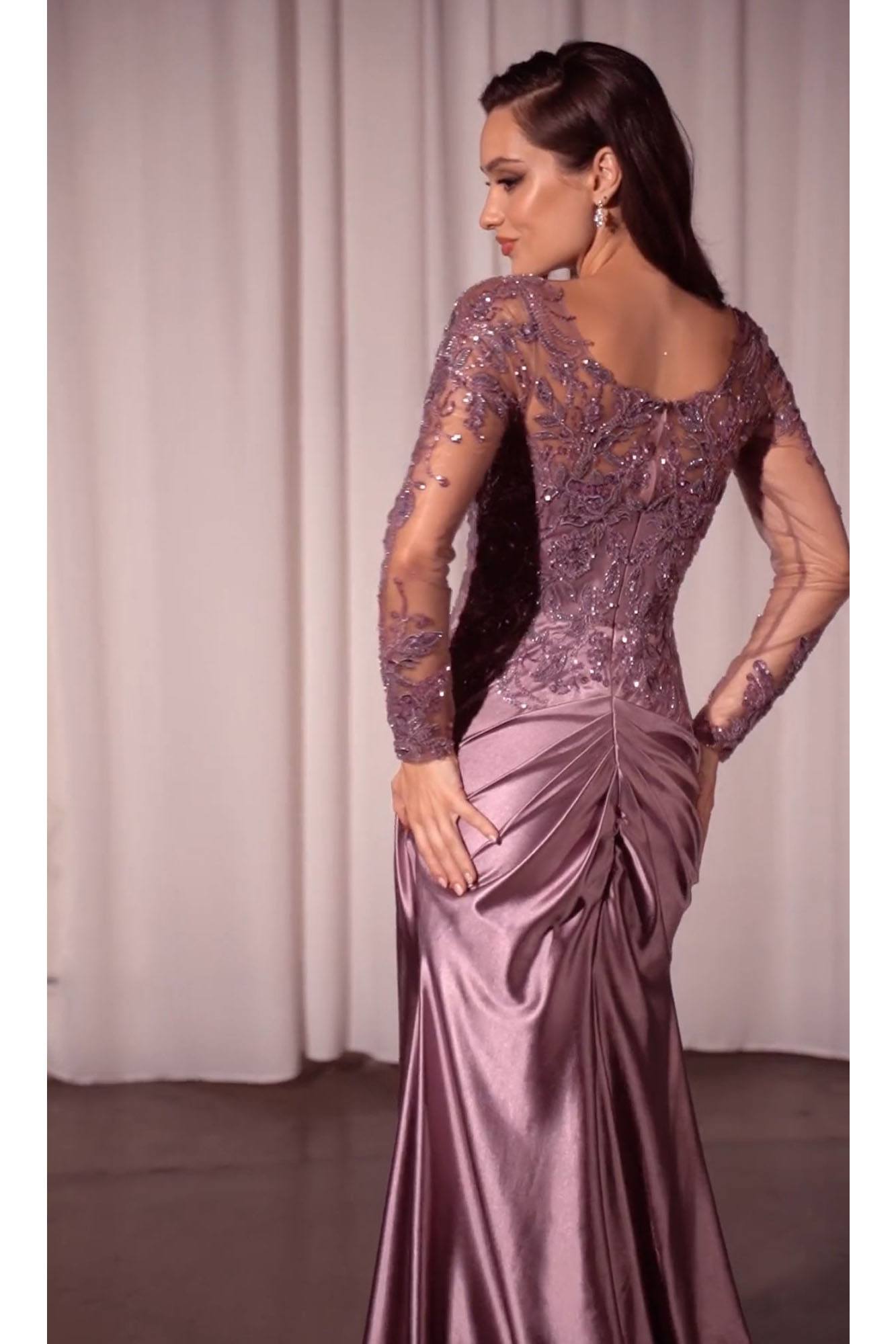 Dusty lavender long-sleeve lace satin fitted gown with draped back