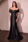Off-shoulder satin lace gown, black, fitted mermaid silhouette with lace-detail bodice