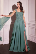 A-line chiffon gown with sequined bodice, sleeveless, emerald-green maxi length