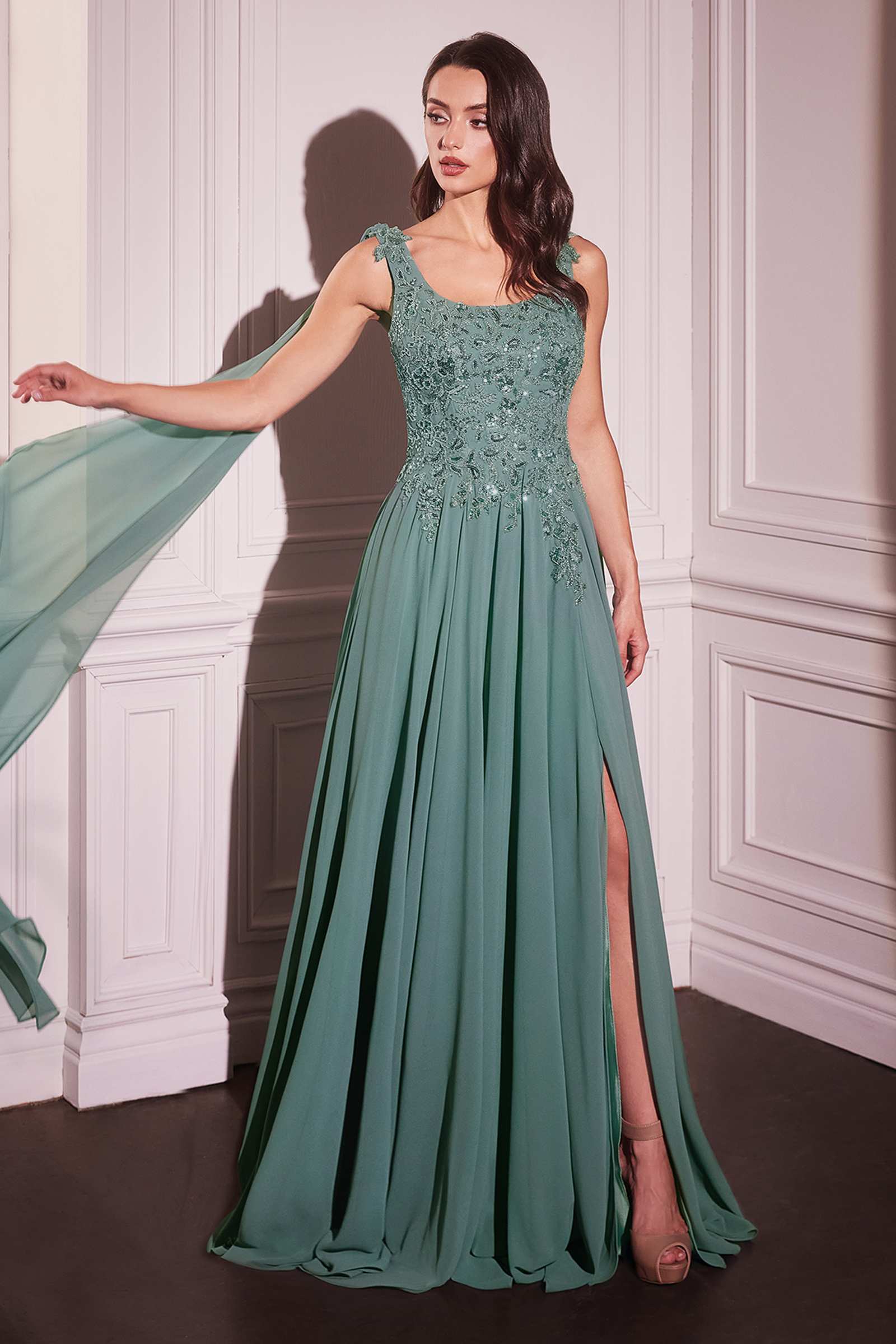 A-line chiffon gown with sequined bodice, sleeveless, emerald-green maxi length