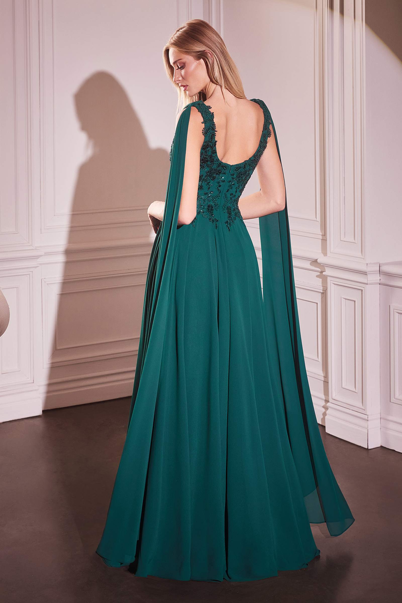 A-line chiffon gown with sleeveless sequined bodice, deep green maxi length