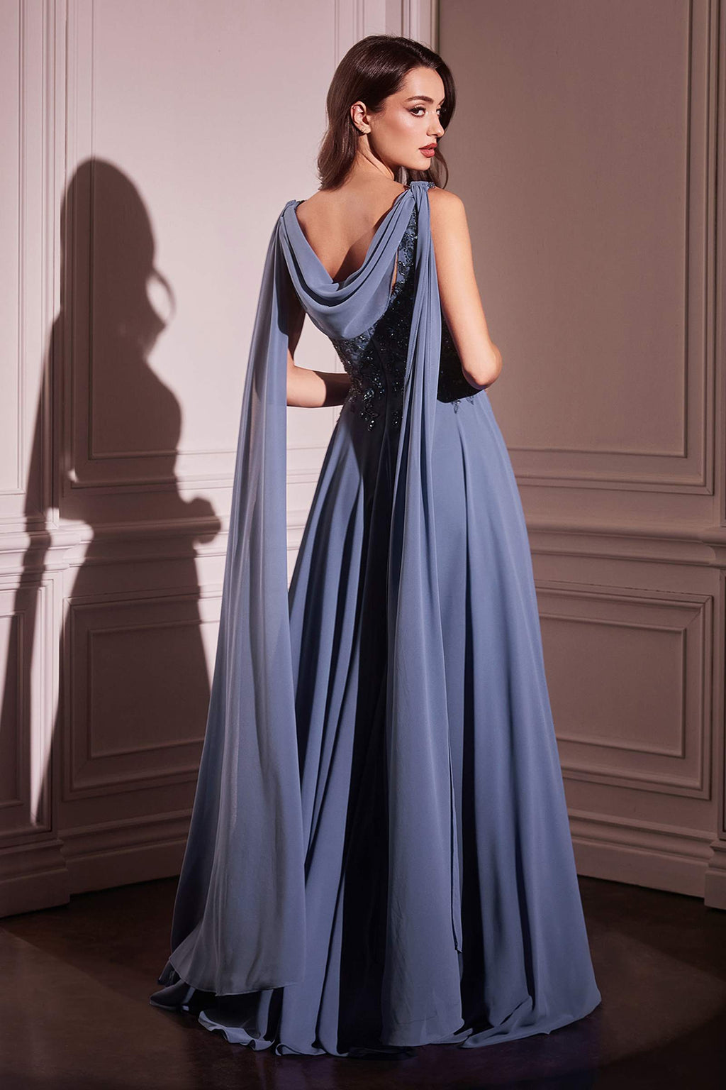 A-line chiffon gown with long cape sleeves, sequined bodice, bluish maxi length