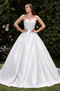 Strapless satin bridal ball gown with sweetheart neckline, A-line skirt, off-white