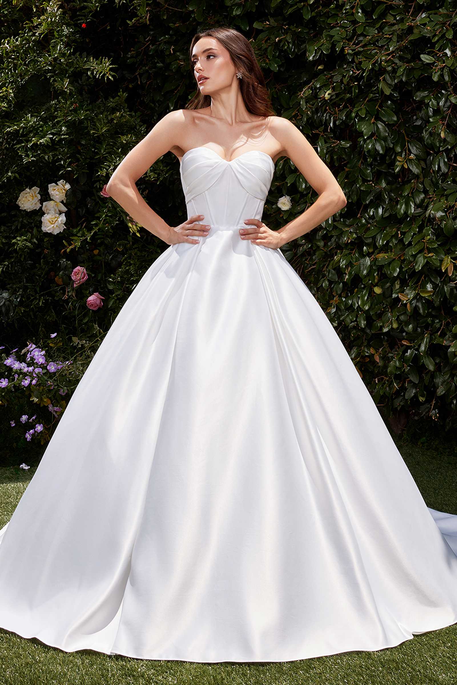 Strapless satin bridal ball gown with sweetheart neckline, A-line skirt, off-white