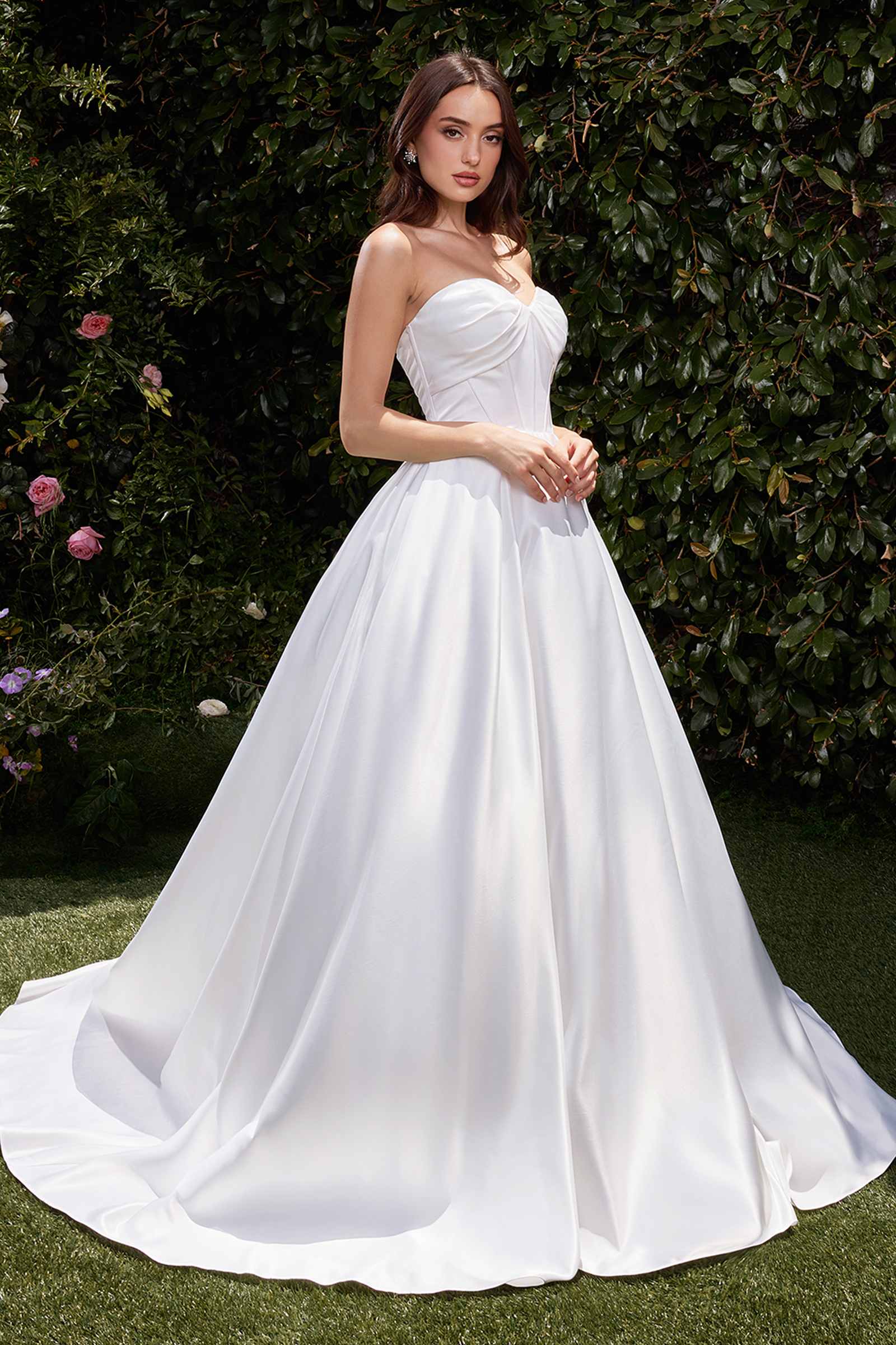 Strapless satin bridal ball gown with sweetheart neckline, full A-line skirt, off-white