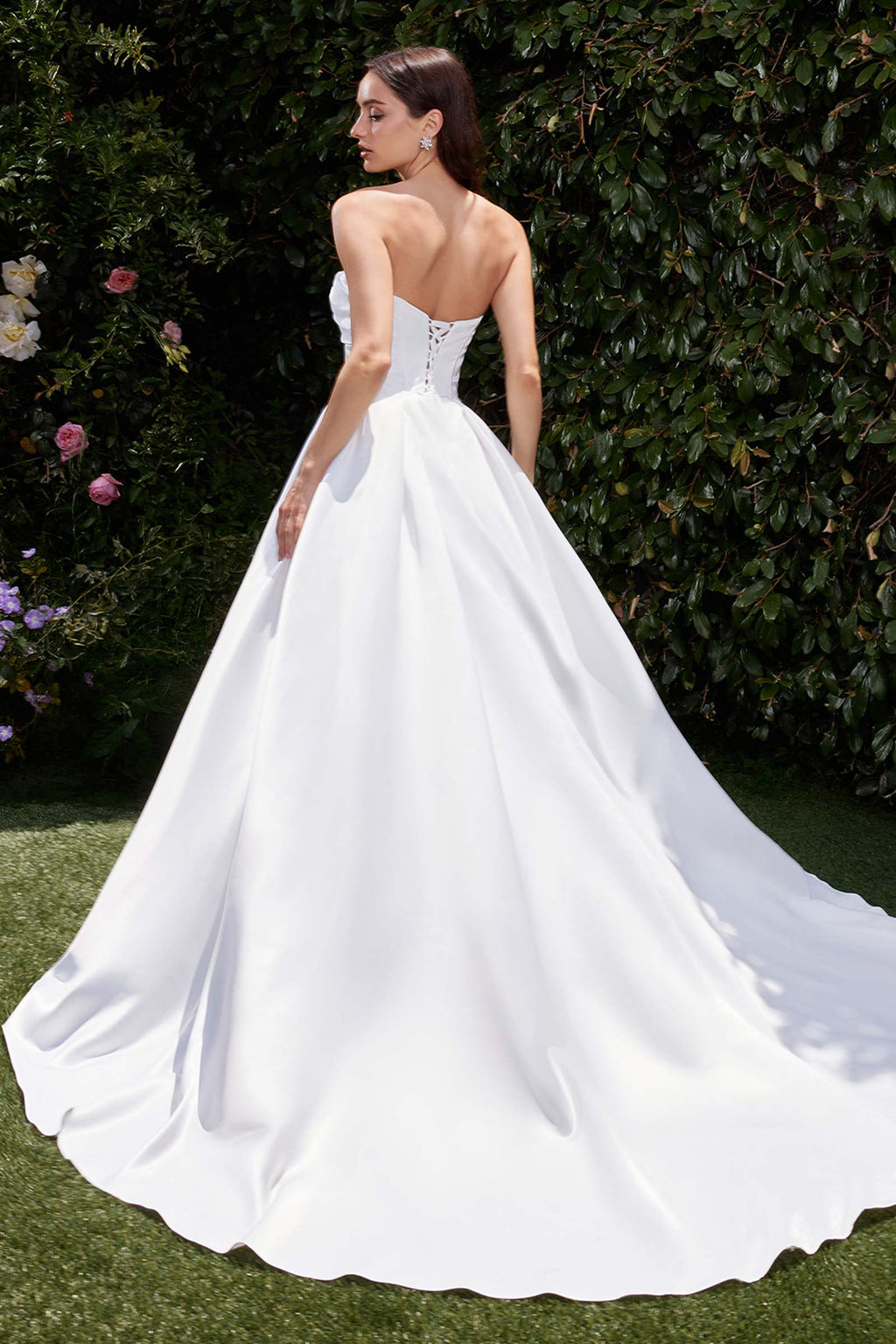 Strapless satin bridal ball gown, open back, A-line skirt, off-white