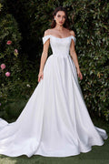 Off-shoulder off-white satin bridal gown with cinched waist and flared skirt