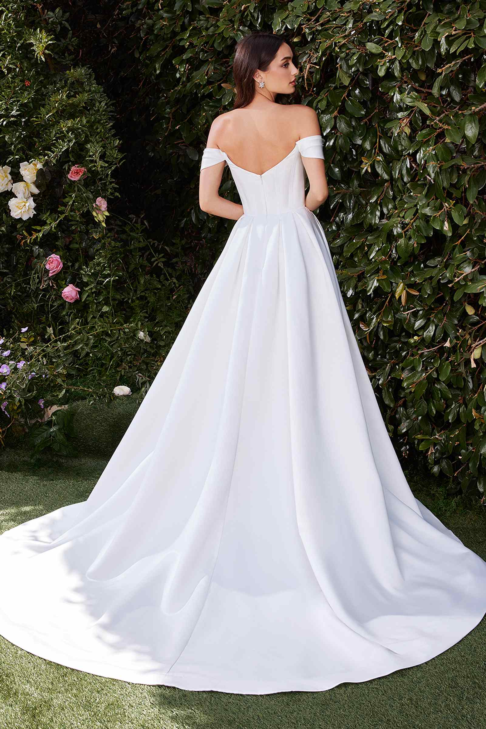 Back view off-shoulder off-white satin bridal gown with full flared skirt