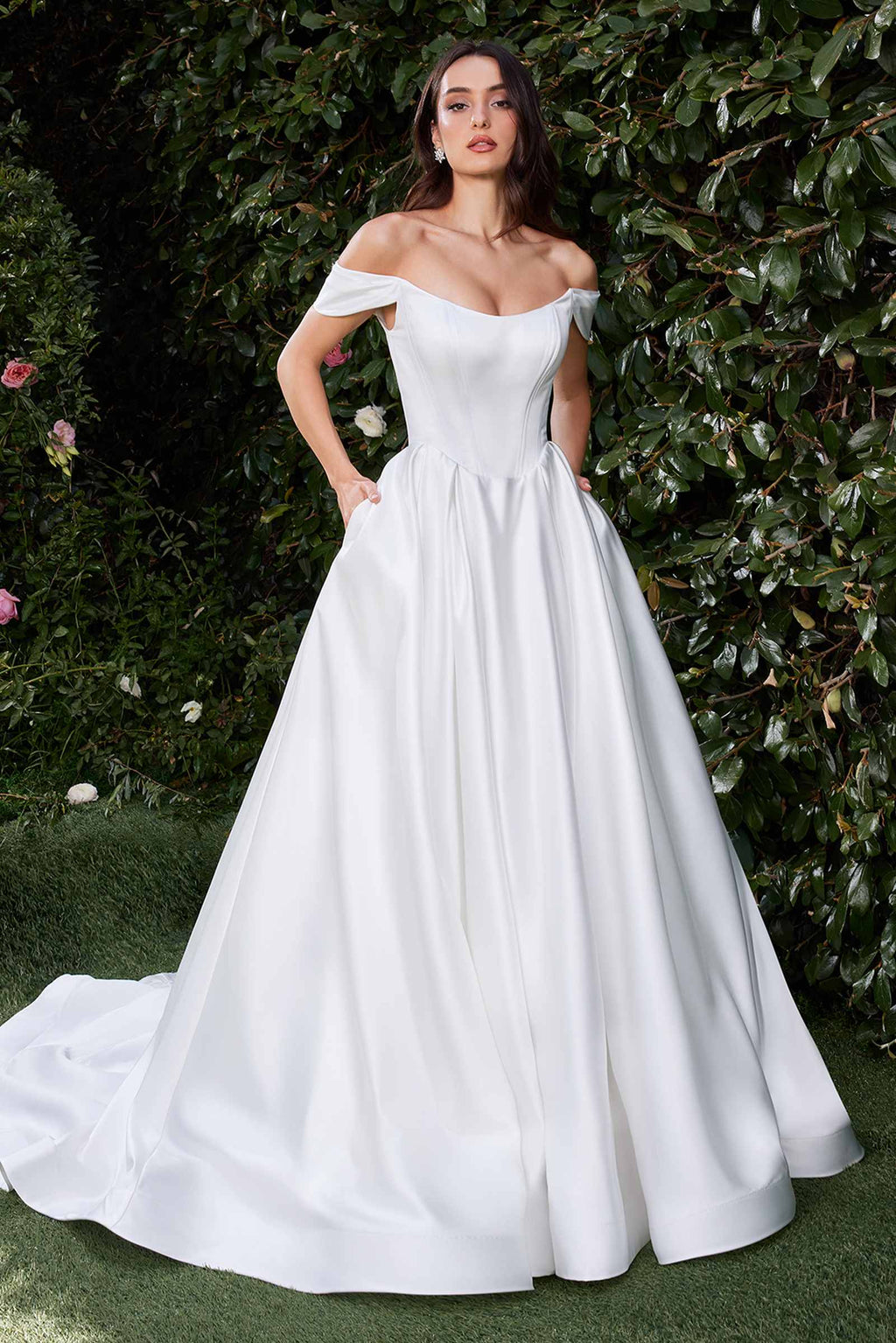 Off-shoulder off-white satin bridal gown with sweetheart bodice and full A-line skirt