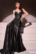 Black satin evening gown with lace bodice and fitted skirt, thigh slit