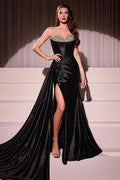 Black satin strapless gown with crystal sweetheart bodice and thigh-high slit