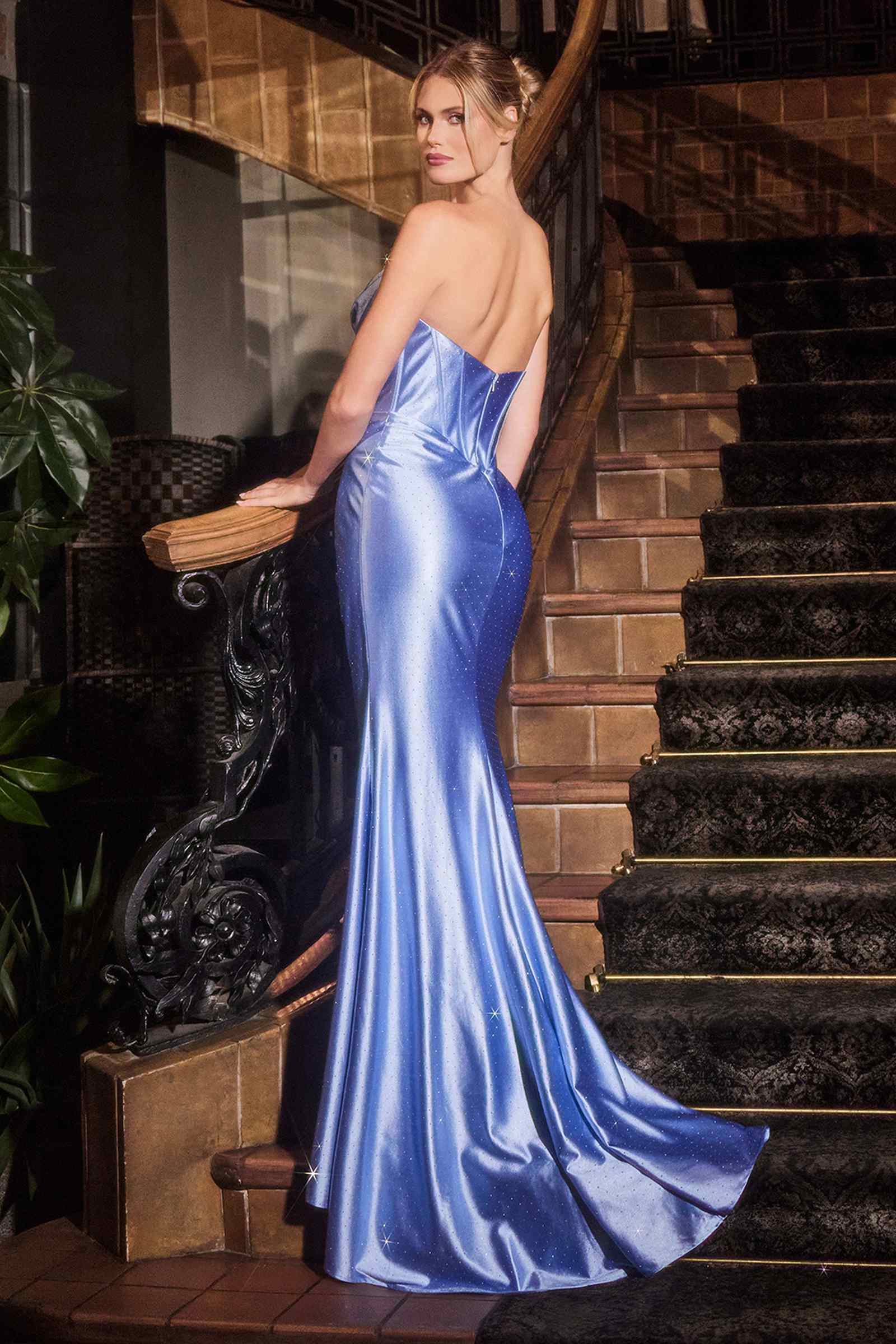 Strapless fitted satin gown in dusty blue with side slit and crystal-studded neckline
