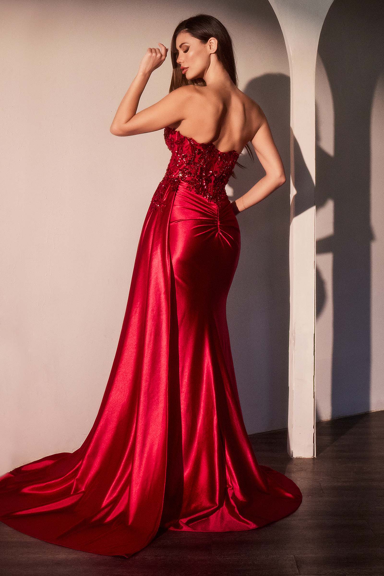 Red strapless sweetheart fitted prom dress with long train and high front slit